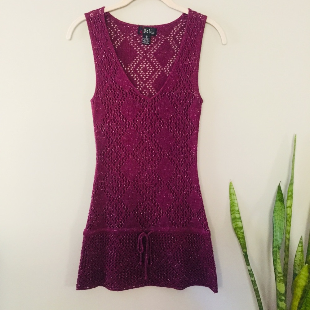 Vintage 90s Metallic crochet long burgundy wine tank top tunic small